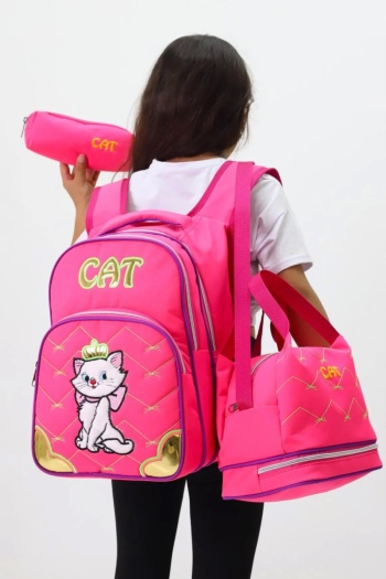 Lugmo 3 Lü Ortaokul Çanta Seti İlkokul Çantası Komple Astarlı Cat Pembe