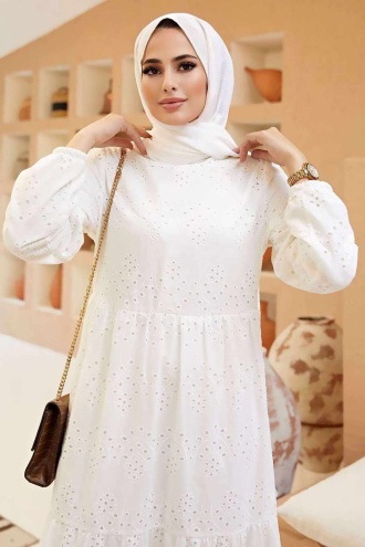 Güpürlü Elbise Boydan Astarlı Pamuk Kumaş Beyaz Dar Kalıp