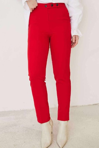 Kadın Çıtçıt Düğmeli Pantolon Kırmızı 7098