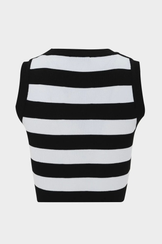 Lugmo Kadın Triko Sıfır Kol Çizgili Crop Bluz Siyah