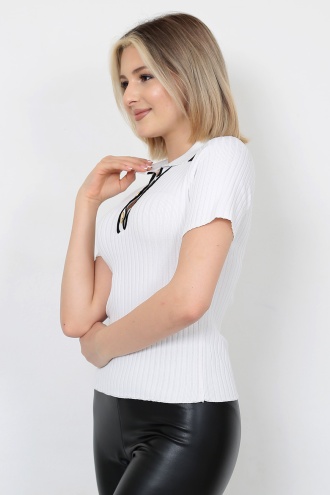 Lugmo Kadın Triko Bluz Polo Yaka Düğmeli Kısa Kol Beyaz