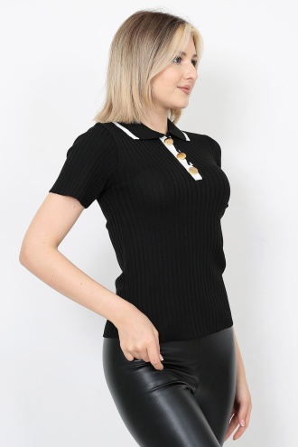 Lugmo Kadın Triko Bluz Polo Yaka Düğmeli Kısa Kol Siyah