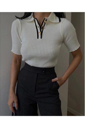 Lugmo Kadın Triko Bluz Polo Yaka Düğmeli Kısa Kol Beyaz