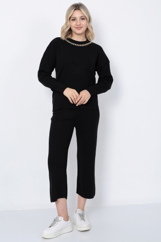 Kadın Triko Zincirli Cepli Kazak Pantolon Takım Oversize Siyah