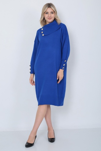 Triko Uzun Kadın Elbise Yaka Düğmeli Mavi