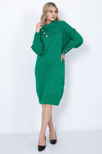 Triko Uzun Kadın Elbise Yaka Düğmeli Yeşil