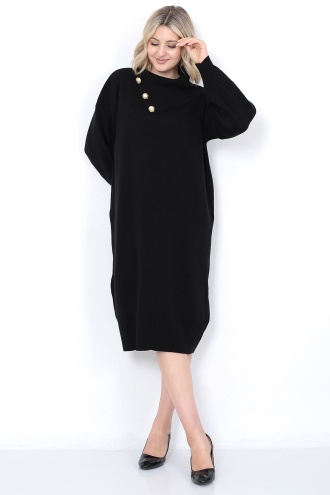 Triko Uzun Kadın Elbise Yaka Düğmeli Siyah