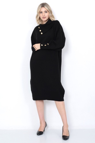 Triko Uzun Kadın Elbise Yaka Düğmeli Siyah