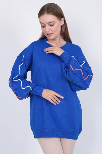 Kadın Triko Kazak Kolu Çizgili Saks Mavi