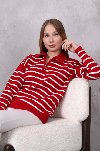 Kadın Kamyoncu Yaka Oversize Çizgili Fermuarlı Uzun Triko Kazak Kırmızı