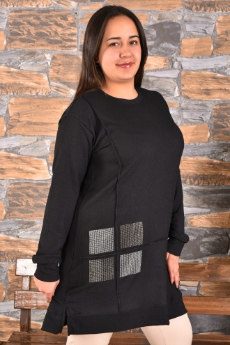 Lugmo Kadın Tesettür Tunik Kare Taşlı Üst Bluz (90 cm) Siyah