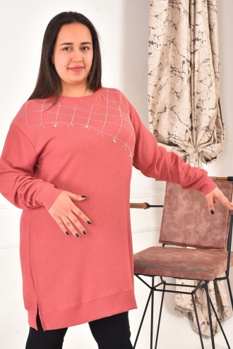 Lugmo Kadın Tesettür Tunik Kareli Taşlar Üst Bluz (90 cm)