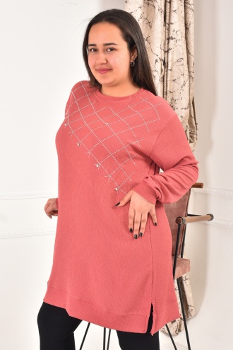 Lugmo Kadın Tesettür Tunik Kareli Taşlar Üst Bluz (90 cm)