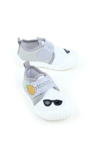 Gezer Yazlık Keten Erkek Çocuk Ayarlanabilir Ayakkabı Gri-Beyaz