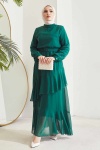 Tesettür Bayan Elbise Katlı Boydan Astarlı Şifon Kemerli Fırfırlı Zümrüt Yeşili 7134