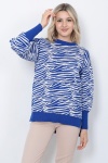 Kadın Triko Kazak Bisiklet Yaka Zebra Desenli Oversize Yırtmaçlı Saks Mavi