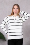 Kadın Polo Yaka Oversize Çizgili Fermuarlı Triko Kazak Ekru