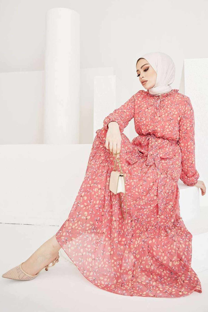 Şifon Bayan Elbise Eteği Fırfır Detaylı Astarlı Pembe 4609
