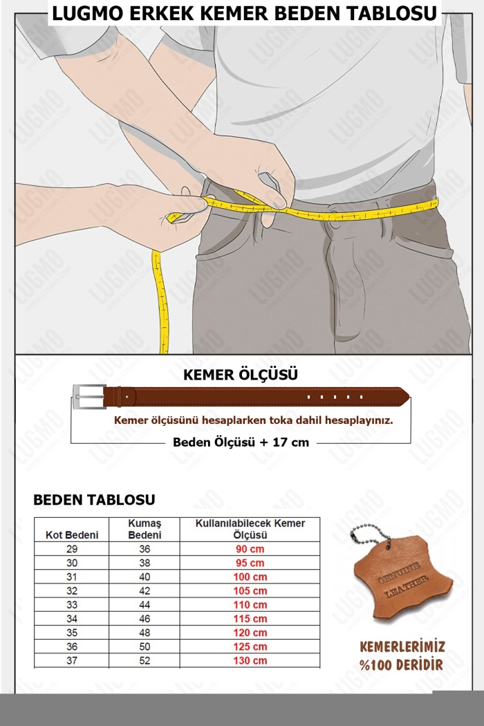 Lugmo Battal Boy Hakiki Deri Erkek Kemeri Siyah 4,5 cm
