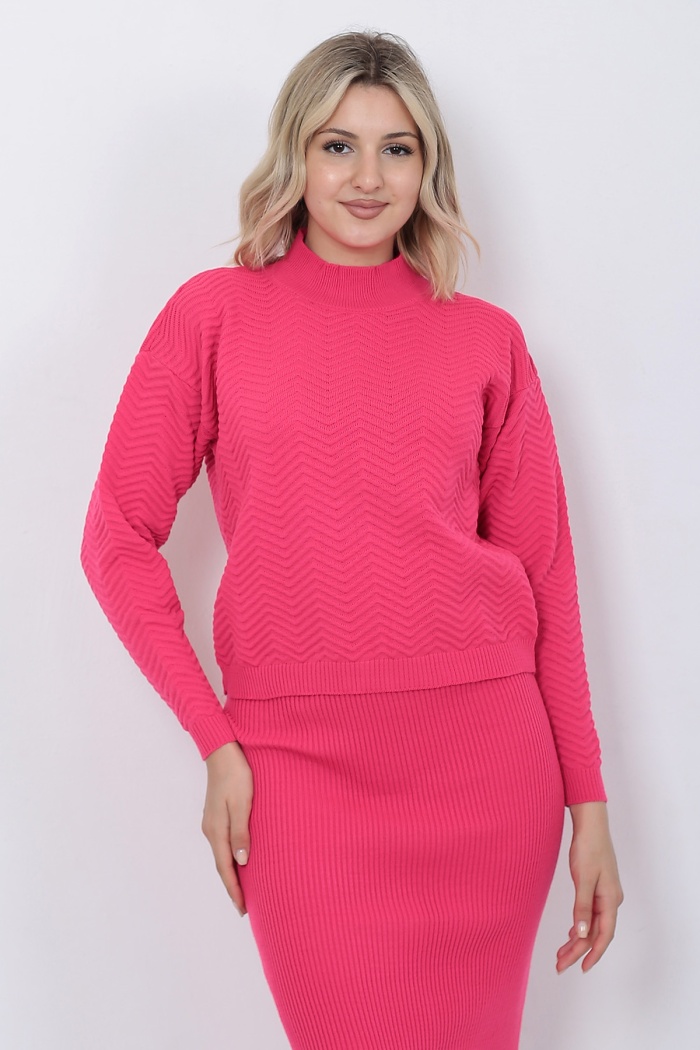 Kadın Triko Zikzak Çizgili Kazak ve Etek Takım Oversize Fujya