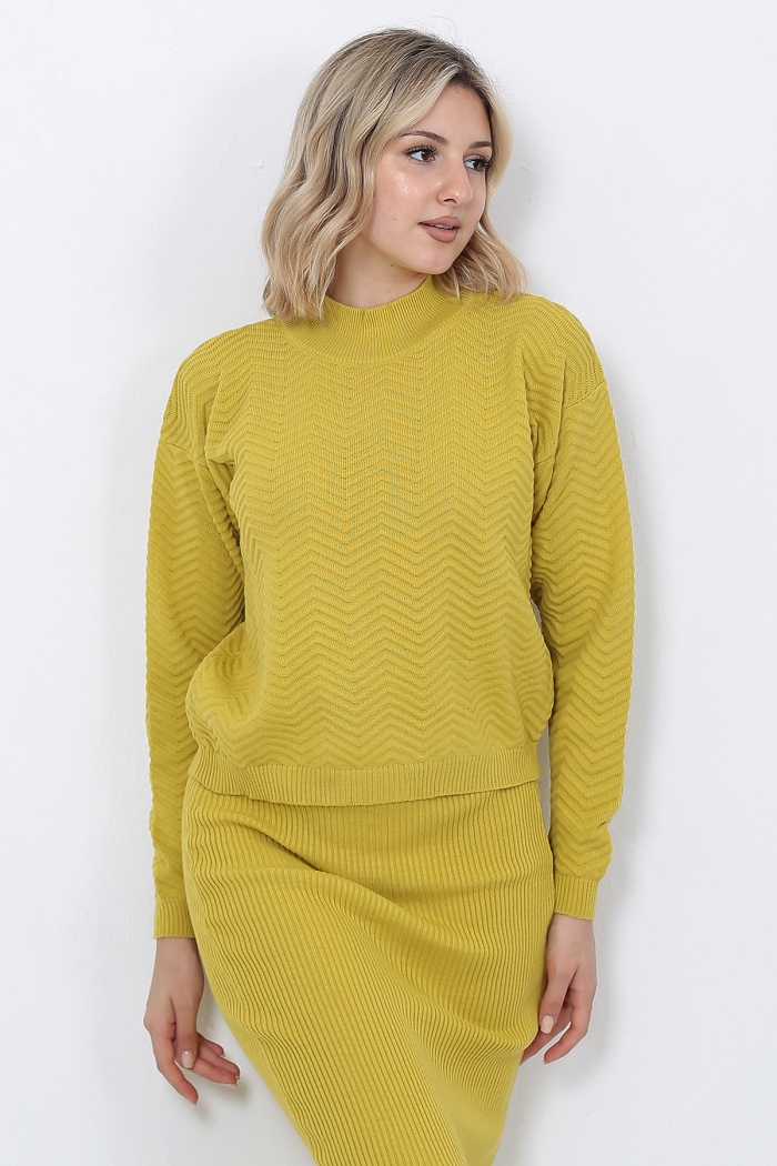Kadın Triko Zikzak Çizgili Kazak ve Etek Takım Oversize Hardal
