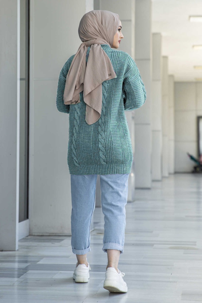 Lugmo Kadın Triko Hırka Akrilik iplik 80 cm Saç Örgülü Su Yeşili