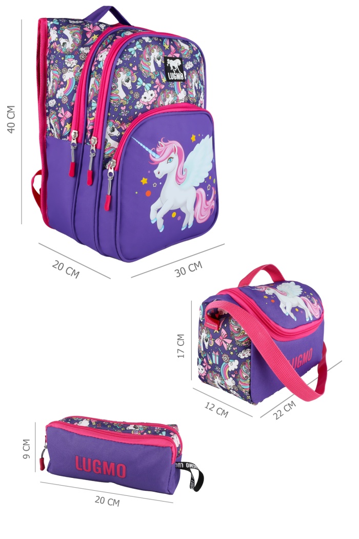Lugmo Unicorn 3 Lü İlkokul Çanta Seti  Kız Çocuk Çantası Astarlı Pedli Mor