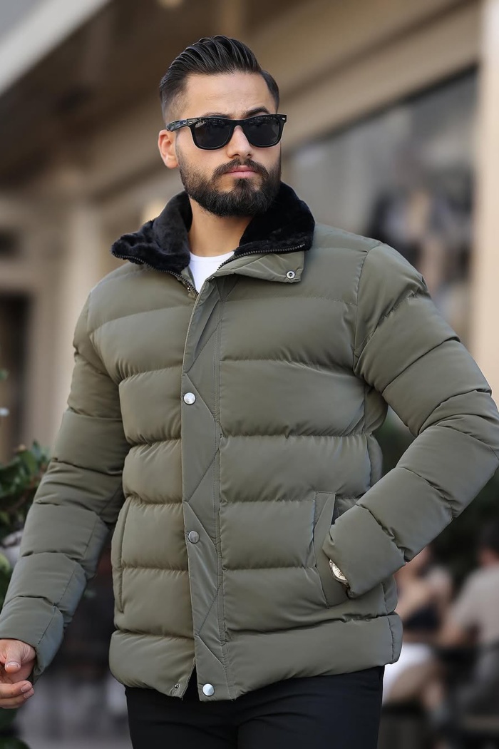 Erkek Parlak Kışlık Şişme Mont Astarlı Haki