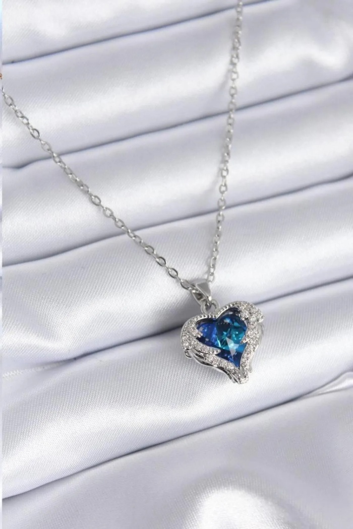Çelik Mavi Kristal Kalp Kolye Silver Okyanusun Kalbi Mavi