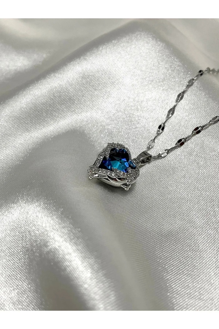 Çelik Mavi Kristal Kalp Kolye Silver Okyanusun Kalbi Mavi