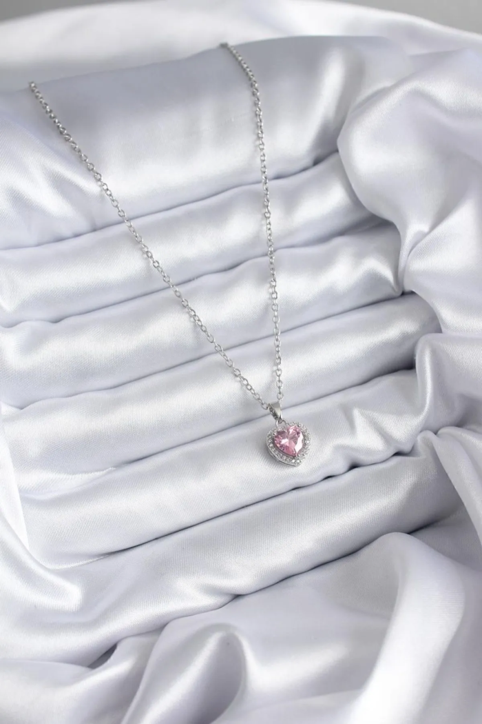 Çelik Mavi Kristal Kalp Kolye Silver Okyanusun Kalbi Pembe