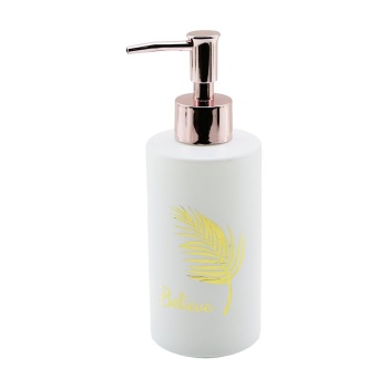 CAM  YUVARLAK - BEYAZ ŞİŞE--GOLD YAPRAK DESEN SIVI SABUNLUK 350ML BRONZ PLASTİK POMPA