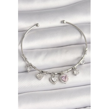Pirinç Gümüş Renk Sallantı Pembe Zirkon Taşlı Kalp Model Charm Kadın Bileklik - TJ-BB6929