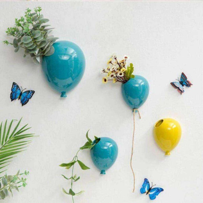 3Lü Balon Duvar Aksesuarı Saksı 2 Mavi 1 Sarı Özel Tasarım