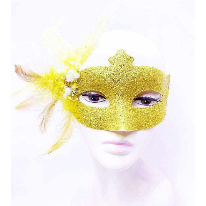 Sim İşlemeli İnci Boncuk Detaylı Tüylü Balo Maskesi Altın Renk 13x18 cm