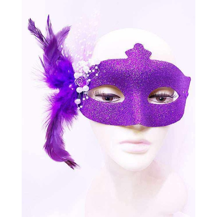 Sim İşlemeli İnci Boncuk Detaylı Tüylü Balo Maskesi Mor Renk 13x18 cm