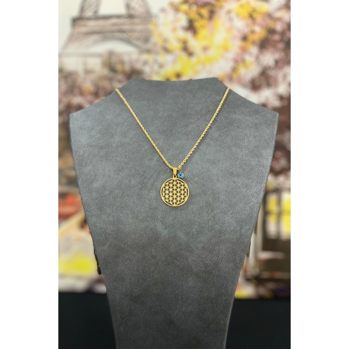 Altın Kaplama Kalın Zincir Nazar Boncuklu Çelik Hayat Ağacı Kolye 40 cm