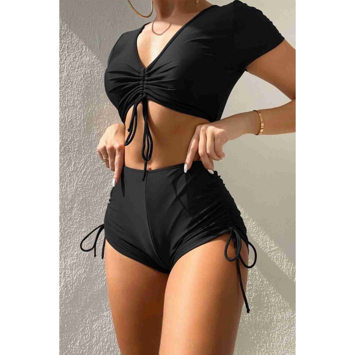 Özel tasarım Yarım Kol Büzgü Detaylı Bikini Takım Siyah