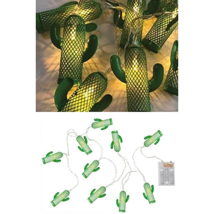 Pilli Yeşil Kaktüs Led Işık Zinciri Dekoratif Süs Aydınlatması