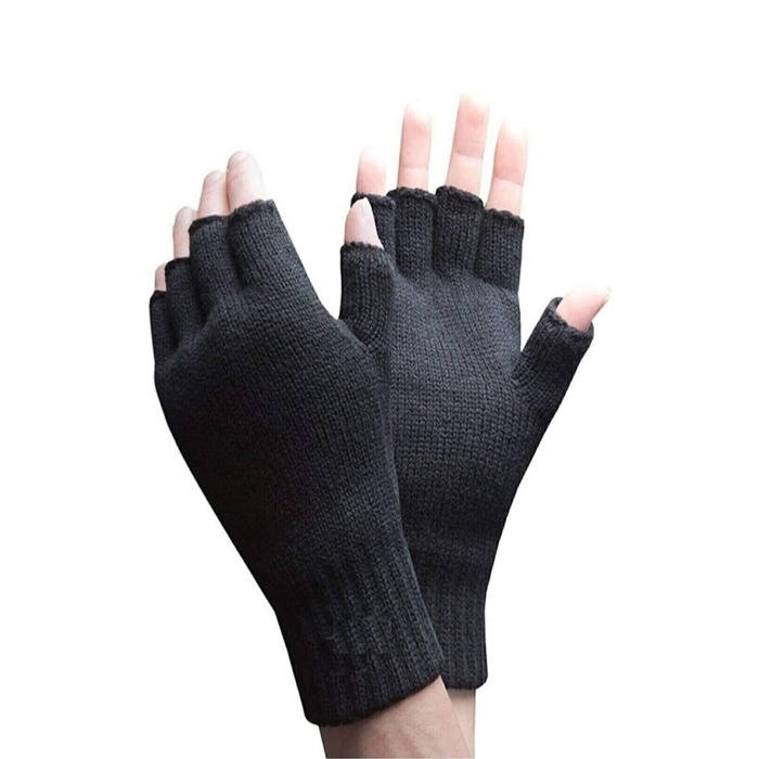 Yarım Parmak Kesik Siyah Eldiven Unisex 1 Çift Sıcak Tutan Yün Kışlık Erkek