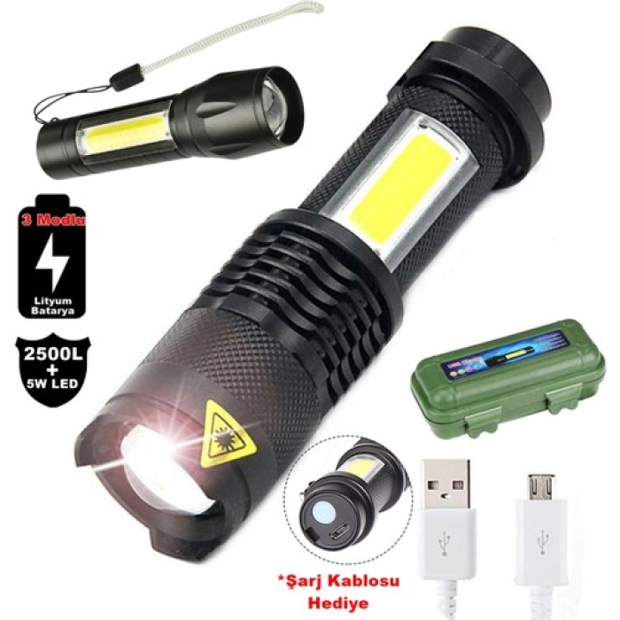 Su Geçirmez Şarjlı El Feneri 2500 Lumens + 5W COB LED USB Lion Şarjlı Ultra Güçlü Q5 XPE