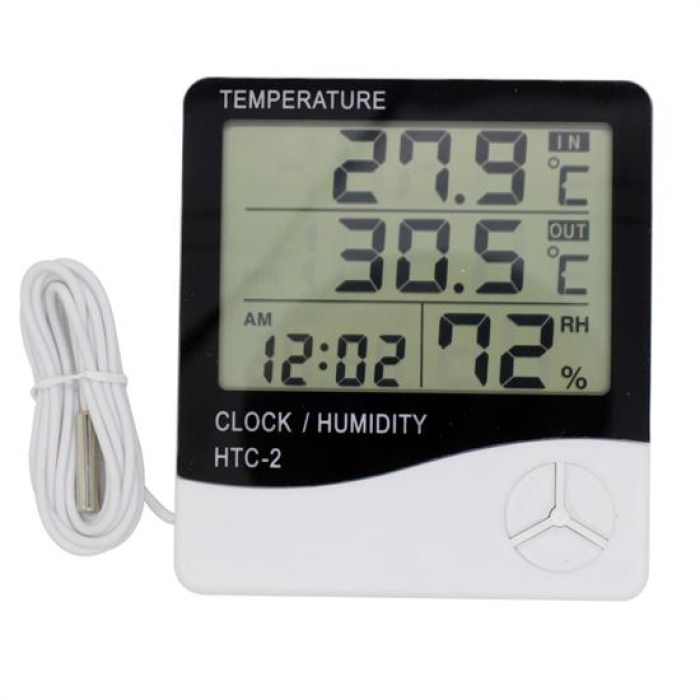 İç ve Dış Ortam Sıcaklığını Ölçebilen LCD Ekran Saat Göstergeli Alarmlı Nem Ölçer Termometre