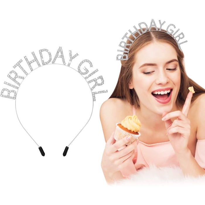 Kristal Taşlı Gümüş Birthday Girl Yazılı Doğum Günü Parti Tacı 19x11 cm