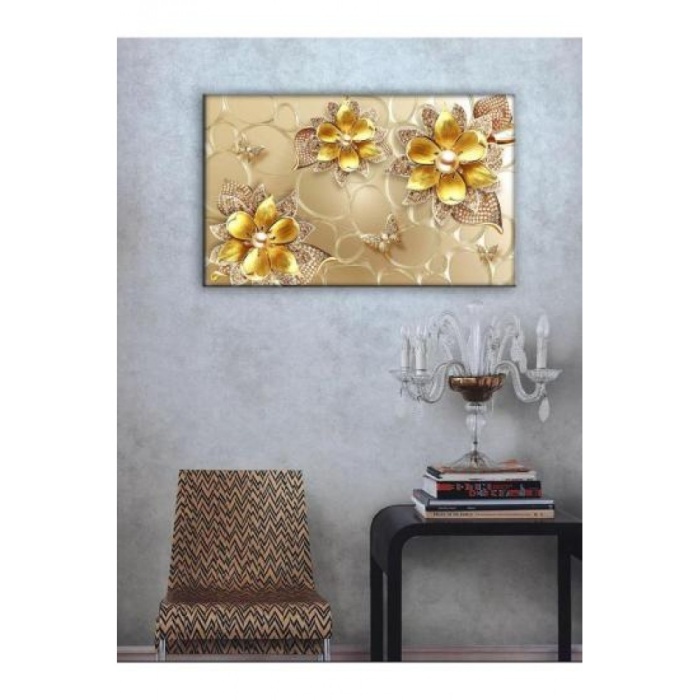 Kanvas Tablo 3D Dekoratif Gold Çiçek Led Işıklı