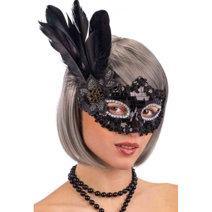 Siyah Payetli Pullu Siyah Renk Yandan Tüylü Parti Maskesi 18x22 cm