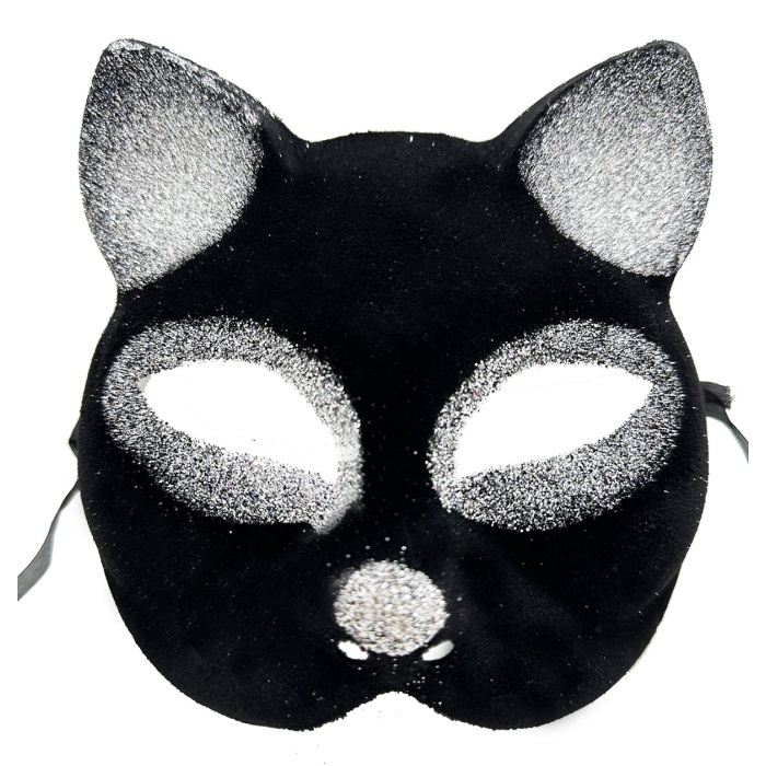 Siyah Renk Gümüş Simli Süet Kaplama Kedi Maskesi 18x14 cm