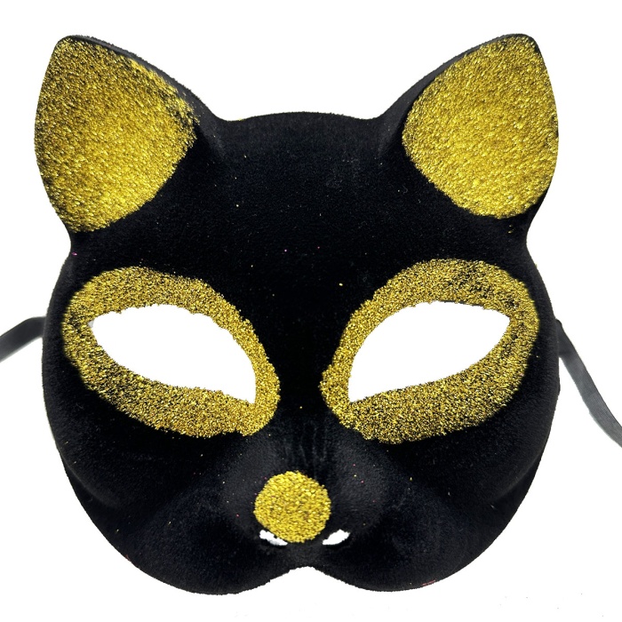 Siyah Renk Gold Simli Süet Kaplama Kedi Maskesi 18x14 cm