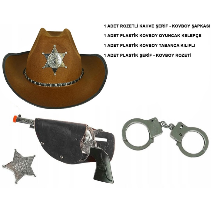 Çocuk Boy Kahverengi Şerif-Kovboy Şapka Tabanca Rozet ve Kelepçe Seti 4 Parça 