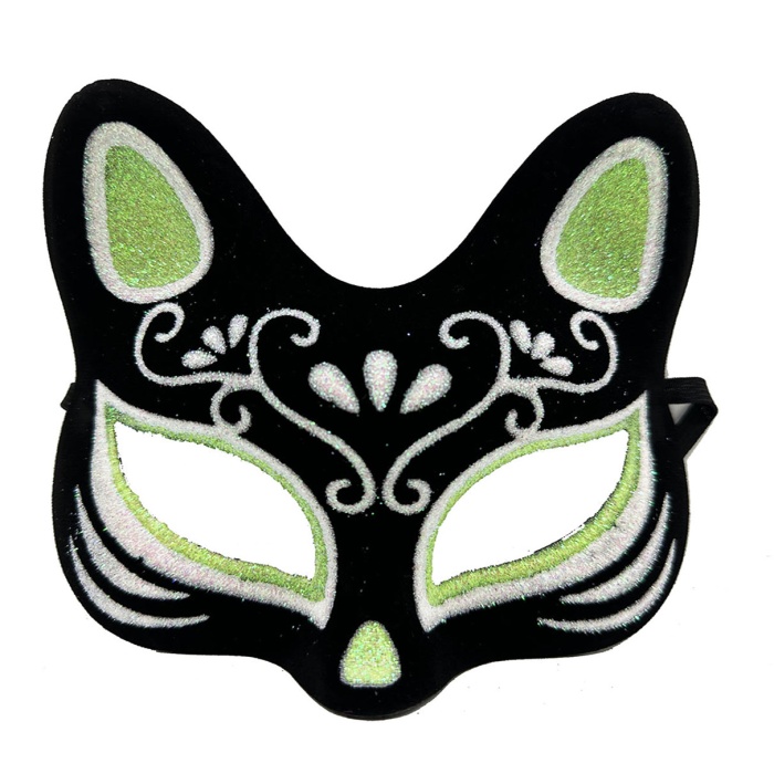 Siyah Renk Süet Kaplama Üzeri Gümüş Yeşil Simli Kedi Maskesi 17x14 cm
