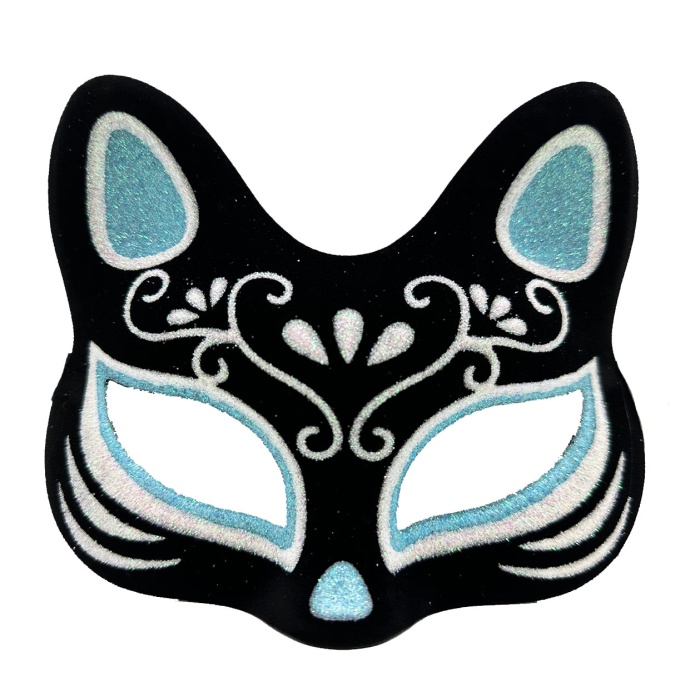 Siyah Renk Süet Kaplama Üzeri Gümüş Mavi Simli Kedi Maskesi 17x14 cm